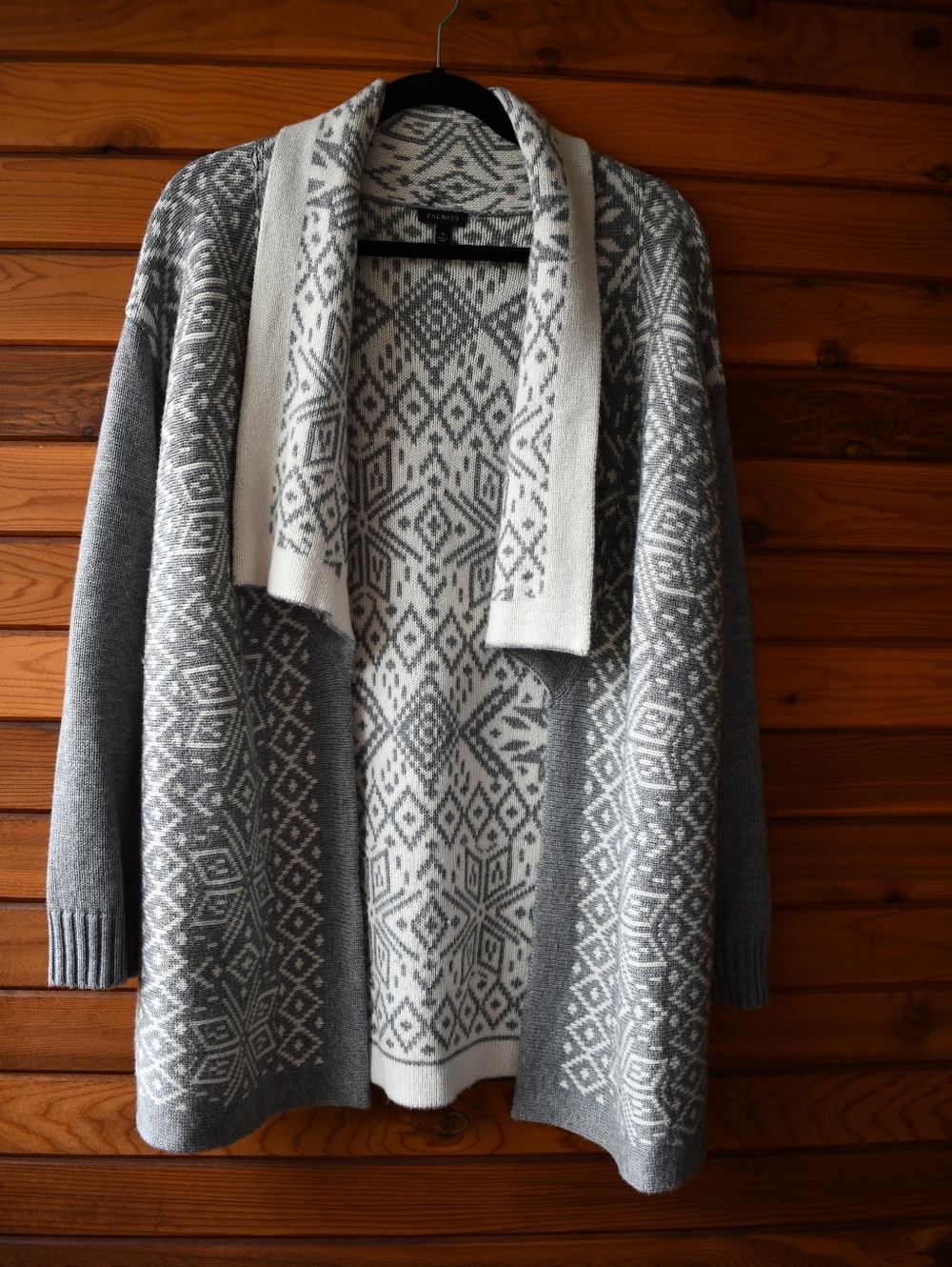 Talbots Wool Gray and White Geometric Knit Cardigan
